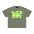 'Do You Like Sinning?' Enzyme Washed T-Shirt - Lime Green