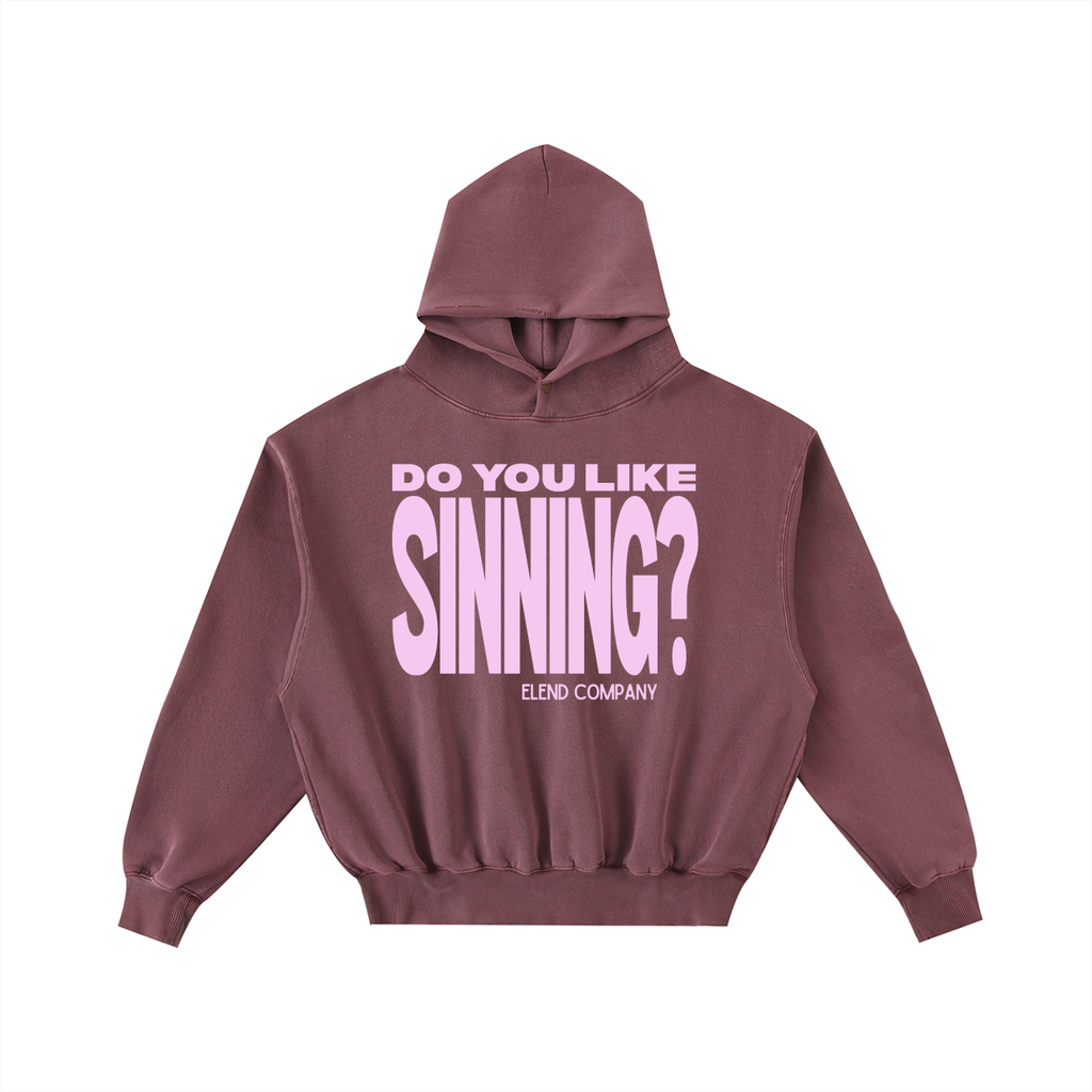 'Do You Like Sinning?' Frayed Enzyme Washed Fleece Hoodie - Pink