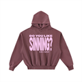 'Do You Like Sinning?' Frayed Enzyme Washed Fleece Hoodie - Pink
