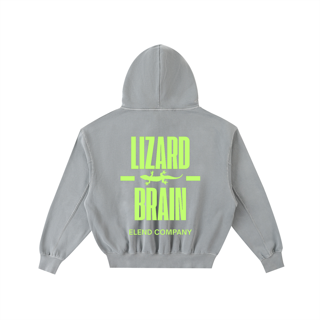 'LIZARD BRAIN' Frayed Enzyme Washed Fleece Hoodie - Lime Green