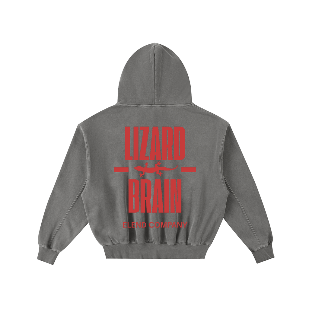 'LIZARD BRAIN' Frayed Enzyme Washed Fleece Hoodie - Red
