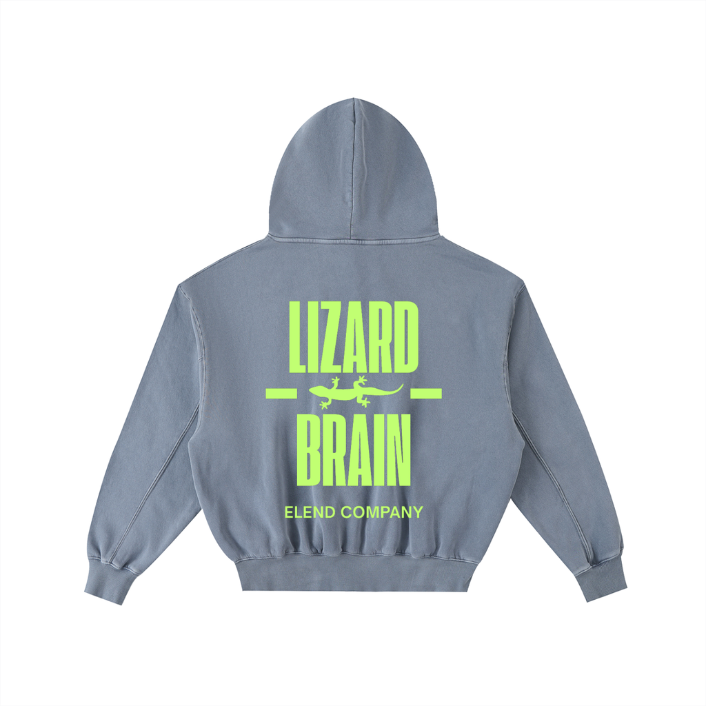 'LIZARD BRAIN' Frayed Enzyme Washed Fleece Hoodie - Lime Green